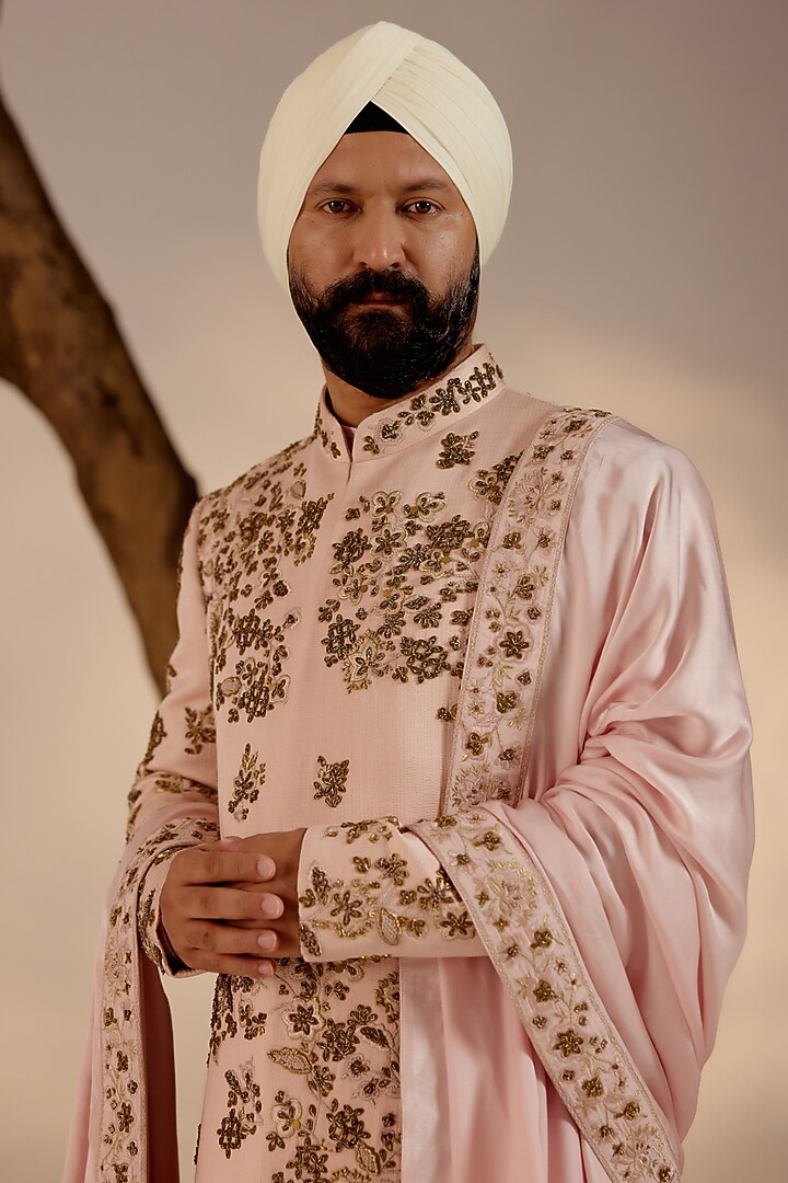 Blush Pink Linen Silk Hand Embroidered Groom Sherwani Set by Jatin Malik at Pernia's Pop Up Shop
