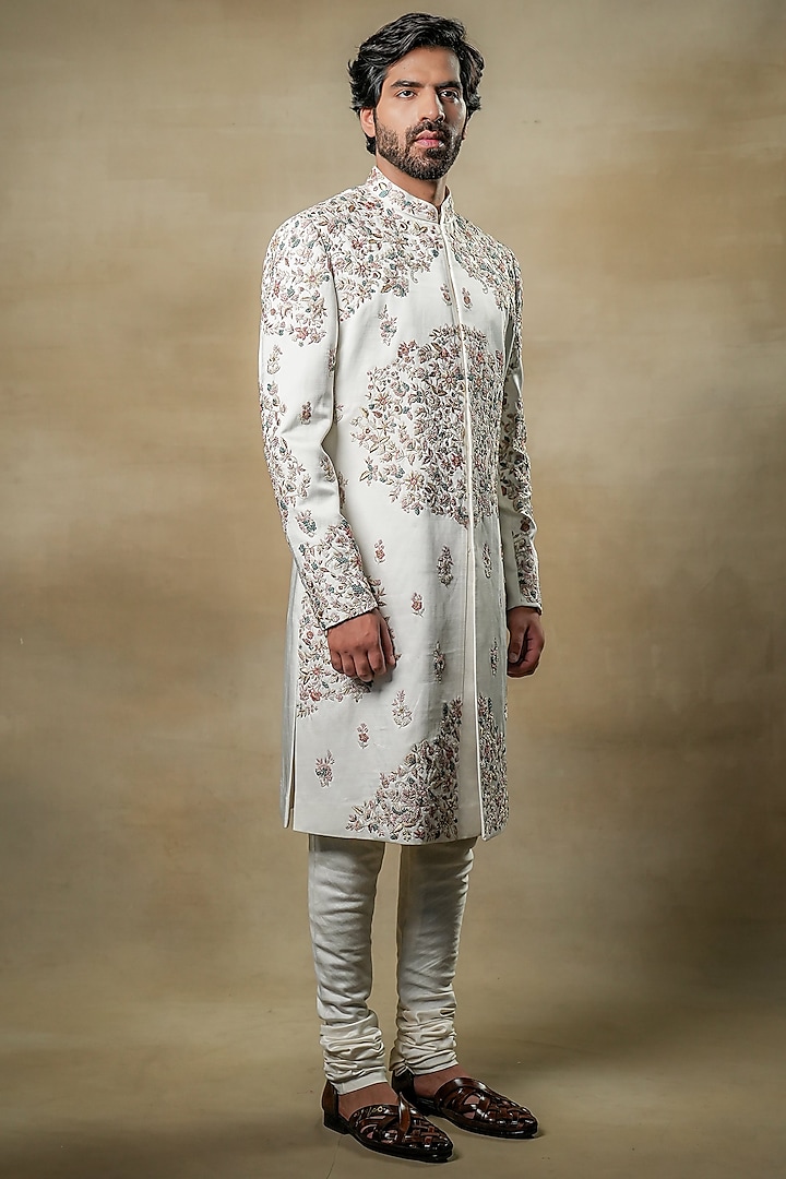 Ivory Linen Silk Embroidered Sherwani Set by Jatin Malik