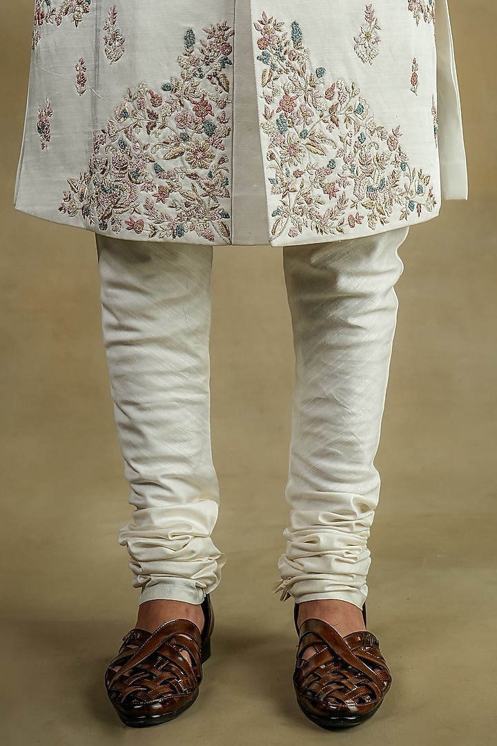 Ivory Linen Silk Embroidered Groom Sherwani Set by Jatin Malik at Pernia's Pop Up Shop