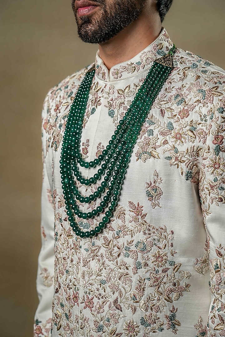 Ivory Linen Silk Embroidered Groom Sherwani Set by Jatin Malik at Pernia's Pop Up Shop