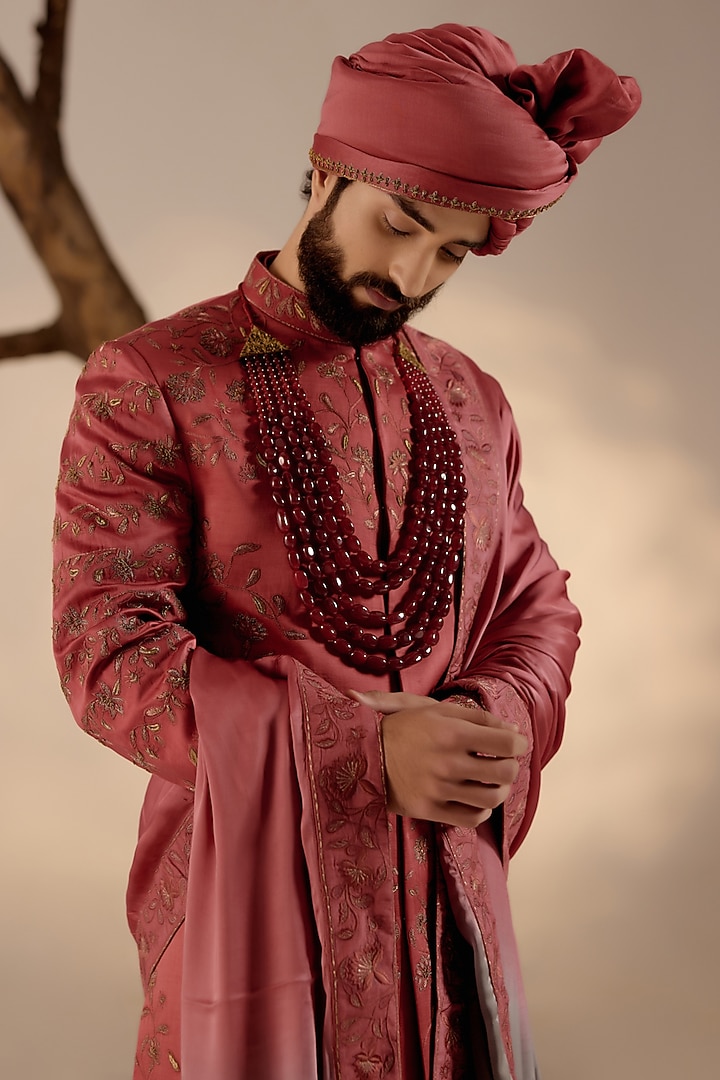 Red Linen Silk Hand Embroidered Groom Sherwani Set by Jatin Malik at Pernia's Pop Up Shop