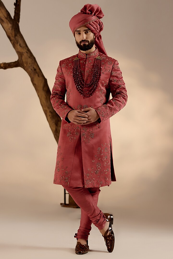Red Linen Silk Hand Embroidered Groom Sherwani Set by Jatin Malik at Pernia's Pop Up Shop