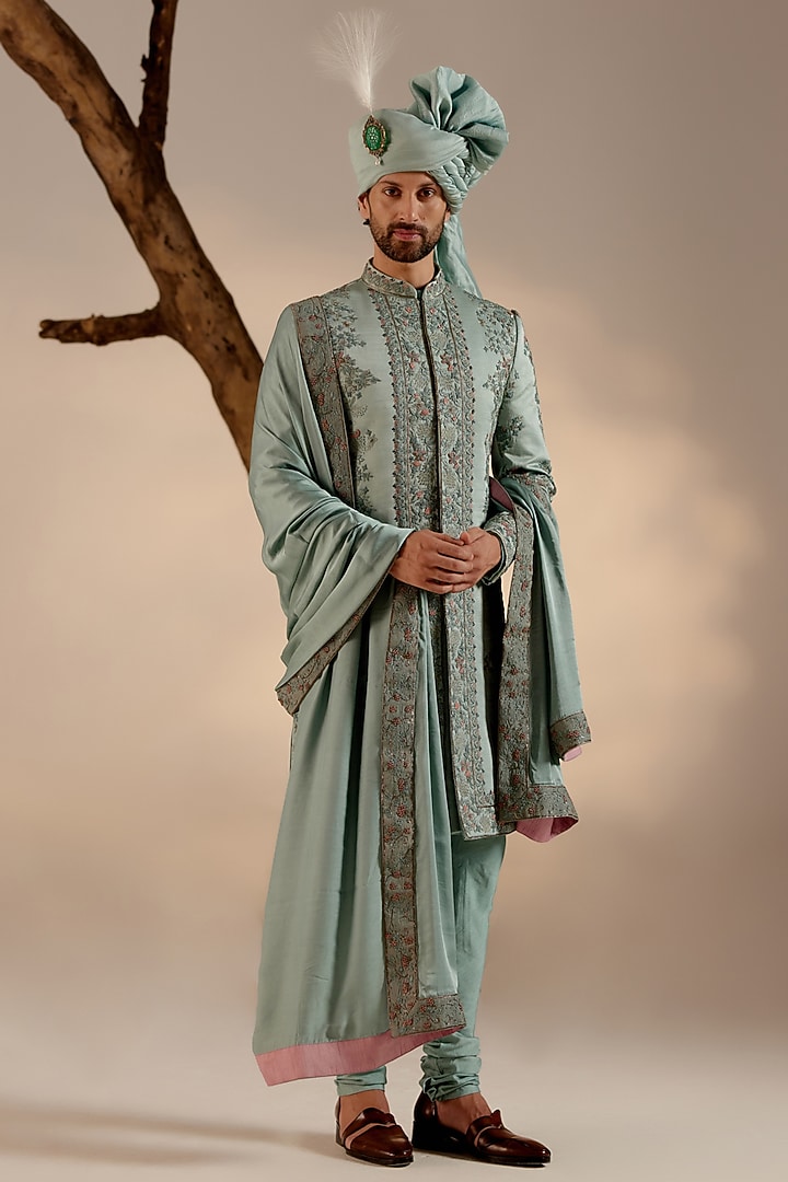 Chateau Grey Linen Silk Hand Embroidered Groom Sherwani Set by Jatin Malik at Pernia's Pop Up Shop