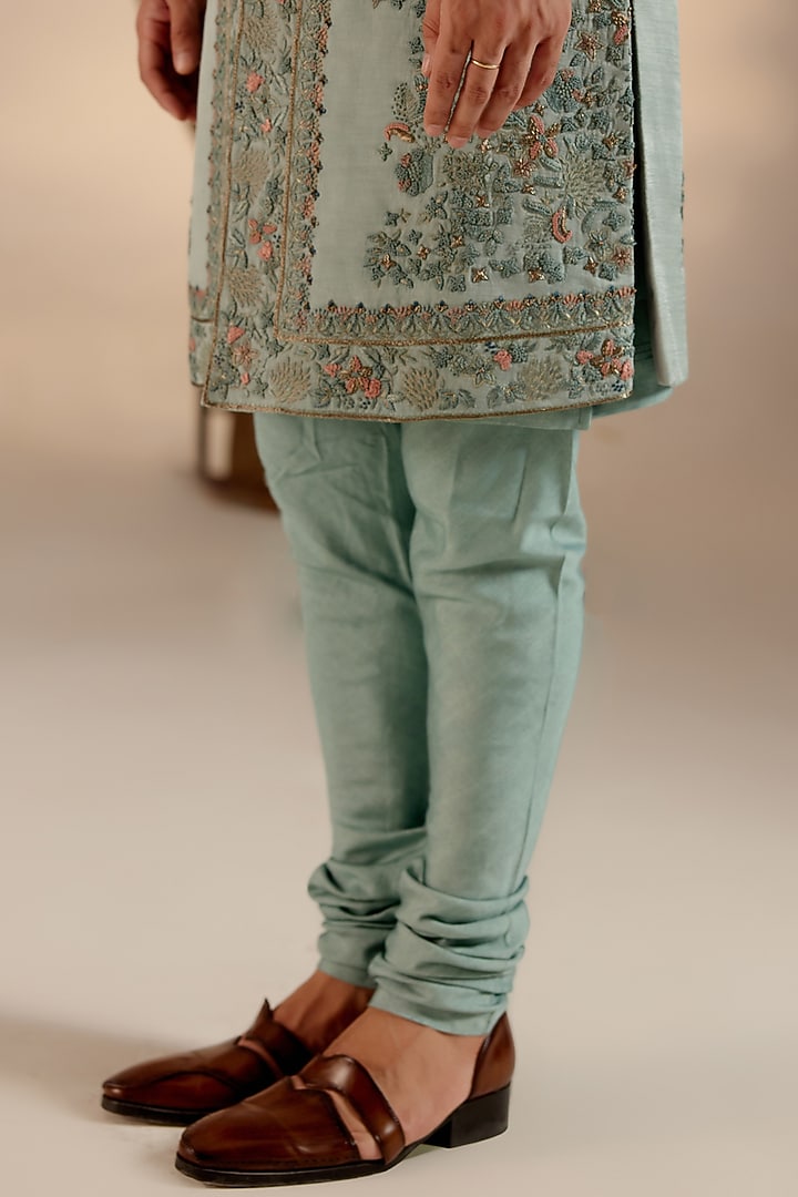 Chateau Grey Linen Silk Hand Embroidered Groom Sherwani Set by Jatin Malik at Pernia's Pop Up Shop