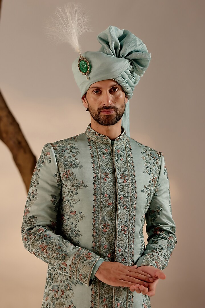 Chateau Grey Linen Silk Hand Embroidered Groom Sherwani Set by Jatin Malik at Pernia's Pop Up Shop