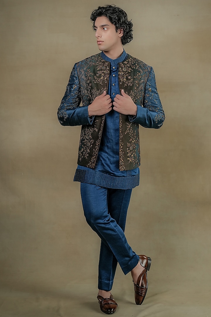 Teal Blue & Brown Ombre Linen Silk Embroidered Jacket Set by Jatin Malik