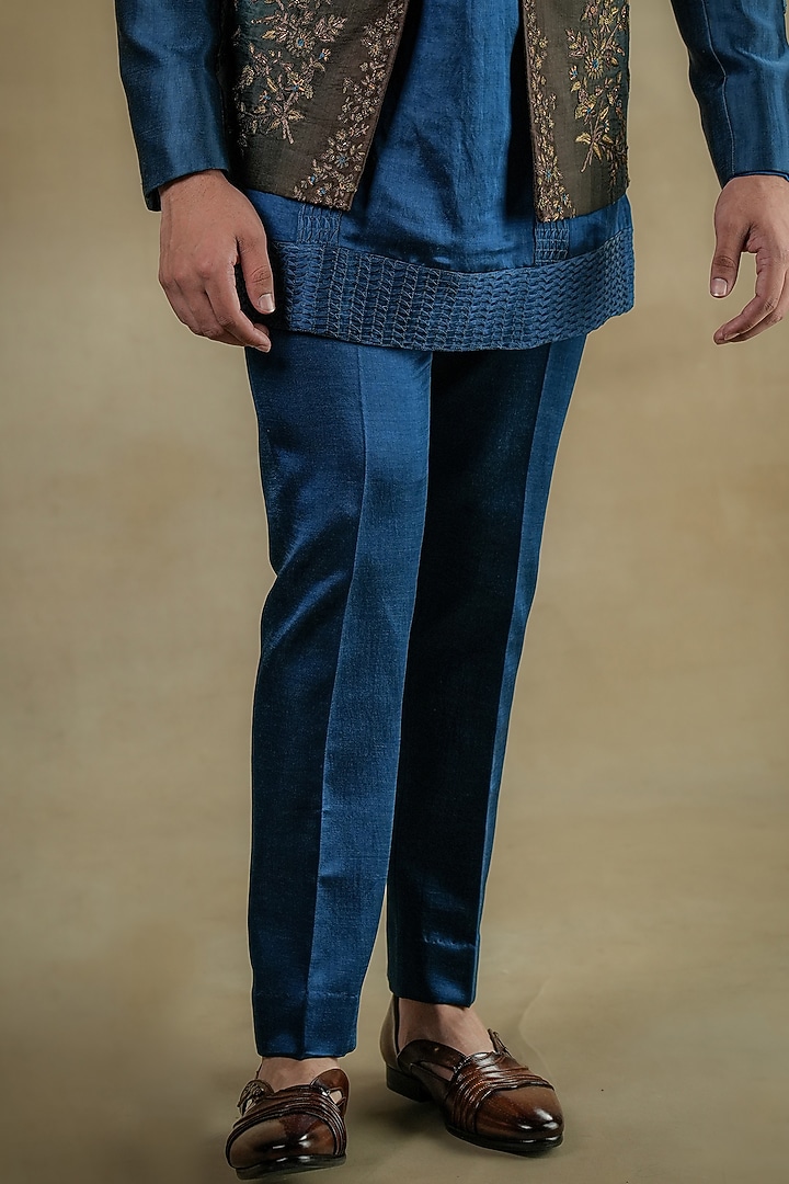 Teal Blue & Brown Ombre Linen Silk Embroidered Jacket Set by Jatin Malik at Pernia's Pop Up Shop