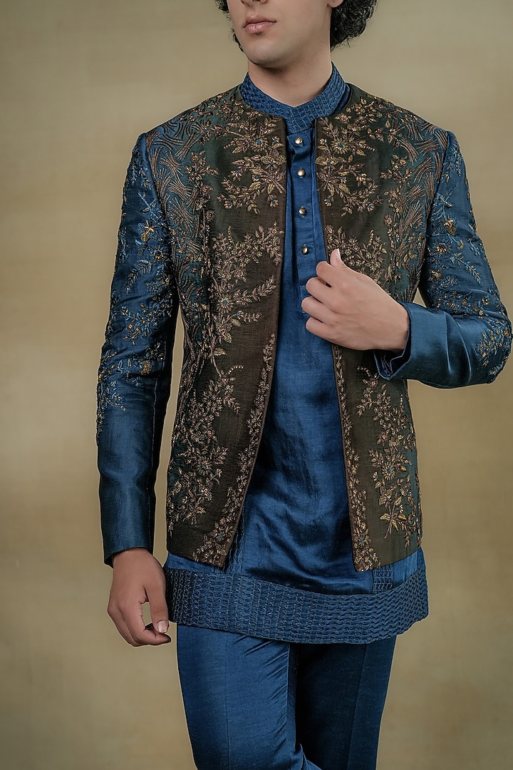 Teal Blue & Brown Ombre Linen Silk Embroidered Jacket Set by Jatin Malik at Pernia's Pop Up Shop