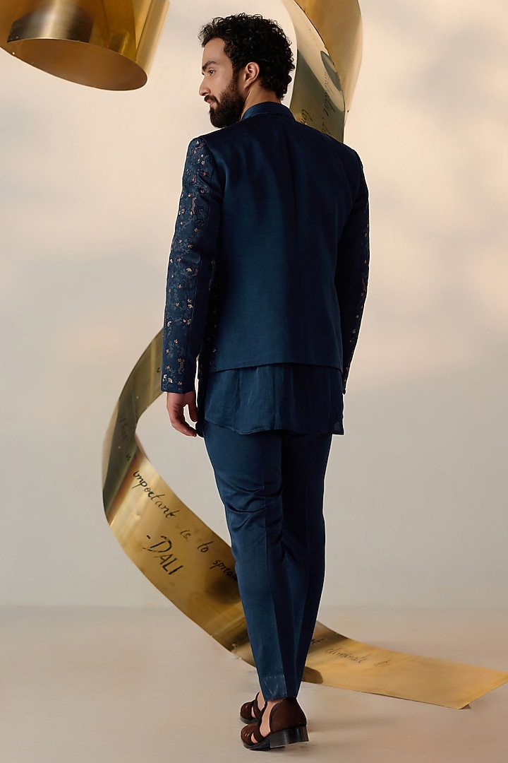 Space Blue Linen Silk Embroidered Groom Indowestern Set by Jatin Malik at Pernia's Pop Up Shop