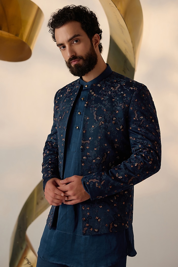 Sky Blue Linen Indo-Western Jacket Set Design by SEVENDC MEN at Pernia's  Pop Up Shop 2024