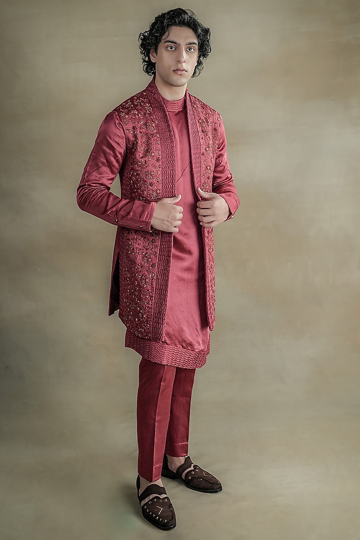 Scarlet Linen Silk Embroidered Indowestern Set by Jatin Malik