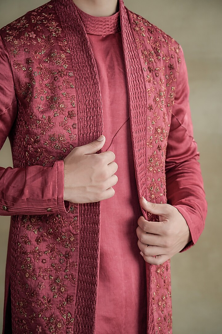 Scarlet Linen Silk Embroidered Groom Indowestern Set by Jatin Malik at Pernia's Pop Up Shop