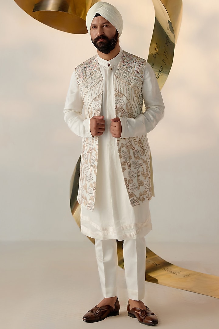 Dirty Ivory Linen Silk Embroidered Indowestern Jacket Set by Jatin Malik