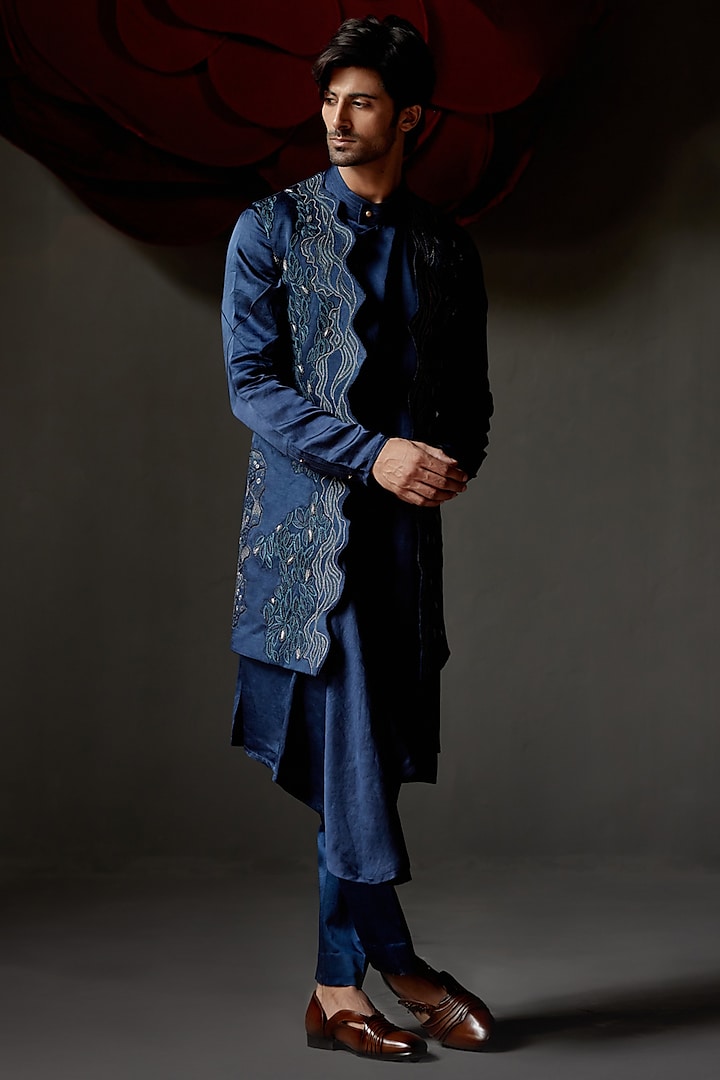 Space Blue Linen Silk Embroidered Indowestern Jacket Set by Jatin Malik