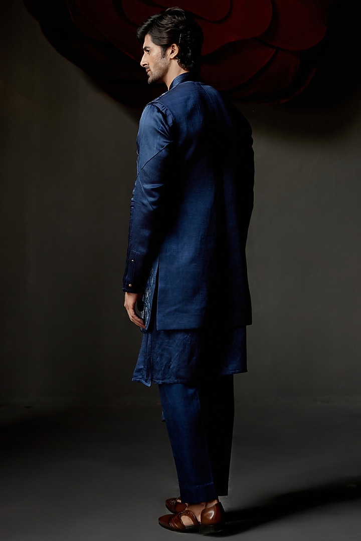 Space Blue Linen Silk Embroidered Groom Indowestern Jacket Set by Jatin Malik at Pernia's Pop Up Shop