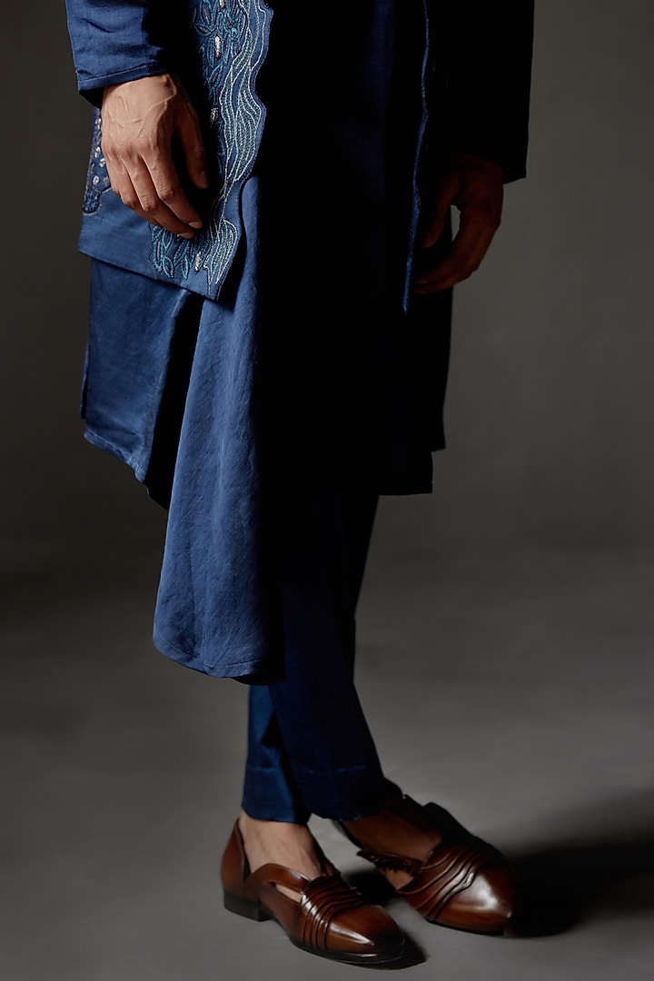 Space Blue Linen Silk Embroidered Groom Indowestern Jacket Set by Jatin Malik at Pernia's Pop Up Shop
