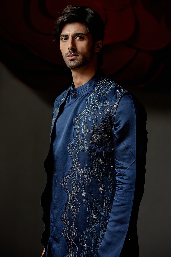 Space Blue Linen Silk Embroidered Groom Indowestern Jacket Set by Jatin Malik at Pernia's Pop Up Shop