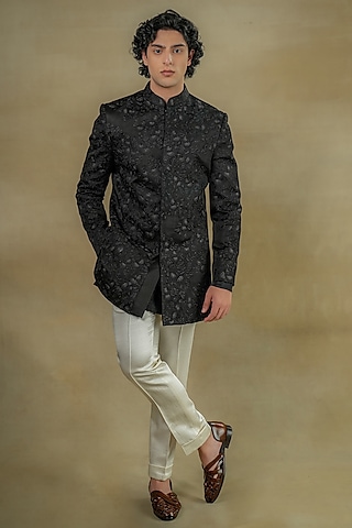 Black Linen Silk Embroidered Bandhgala Set by Jatin Malik
