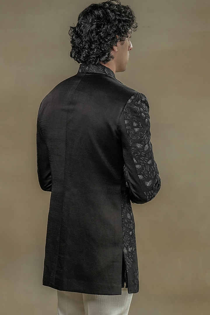 Black Linen Silk Embroidered Groom Bandhgala Set by Jatin Malik at Pernia's Pop Up Shop