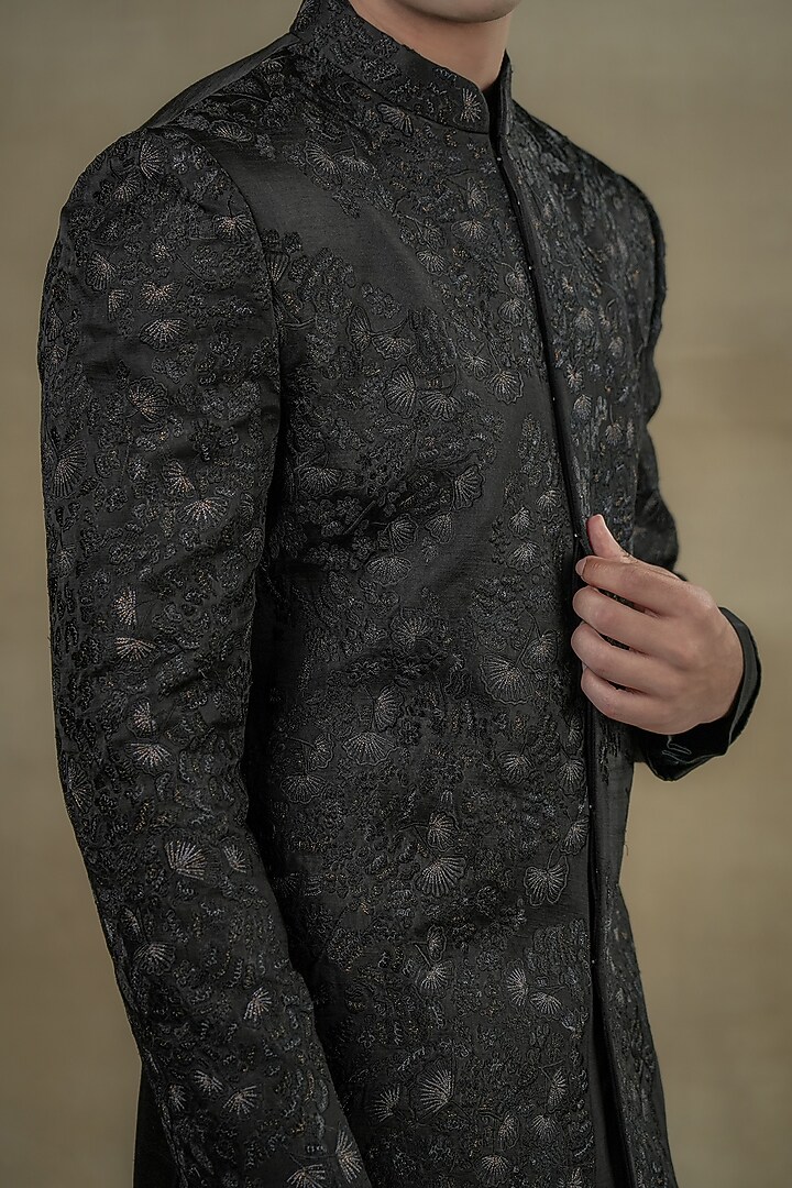 Black Linen Silk Embroidered Groom Bandhgala Set by Jatin Malik at Pernia's Pop Up Shop