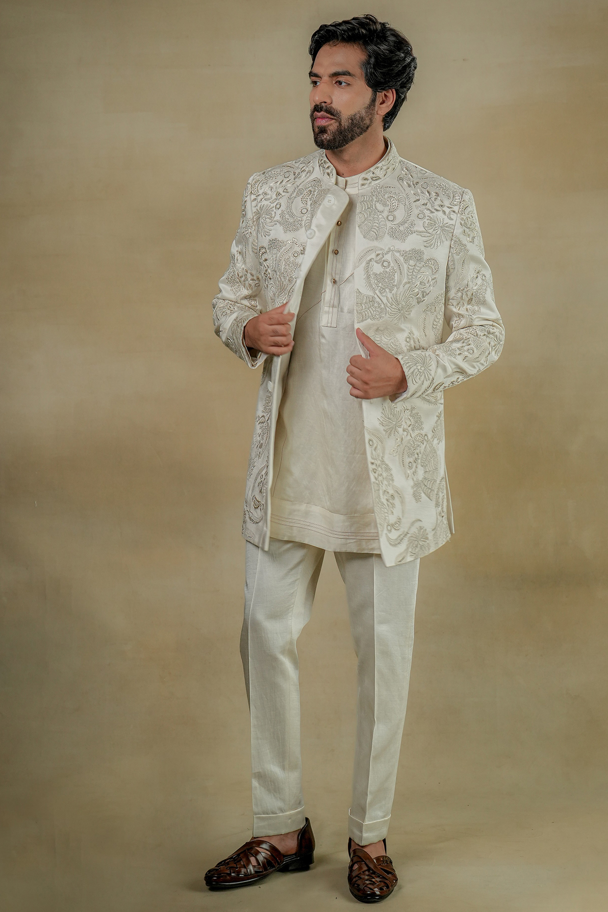 Ivory Linen Silk Embroidered Bandhgala Set by Jatin Malik
