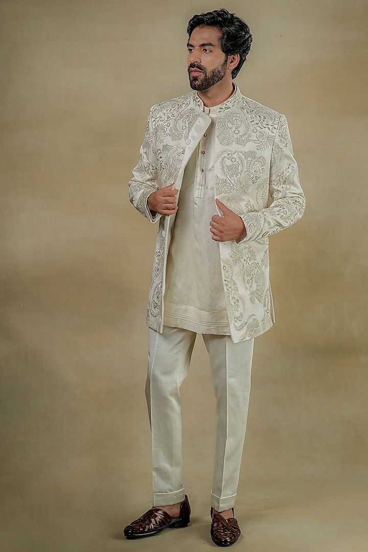 Ivory Linen Silk Embroidered Bandhgala Set by Jatin Malik