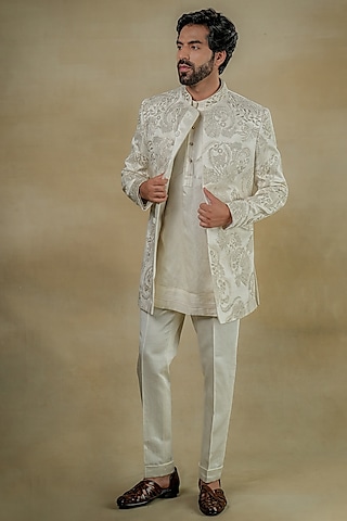 Ivory Linen Silk Embroidered Bandhgala Set by Jatin Malik