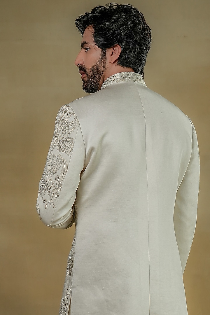Ivory Linen Silk Embroidered Groom Bandhgala Set by Jatin Malik at Pernia's Pop Up Shop