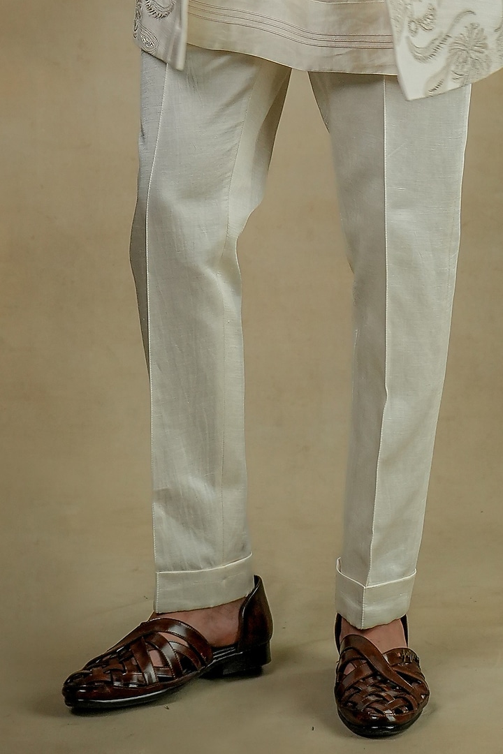 Ivory Linen Silk Embroidered Groom Bandhgala Set by Jatin Malik at Pernia's Pop Up Shop