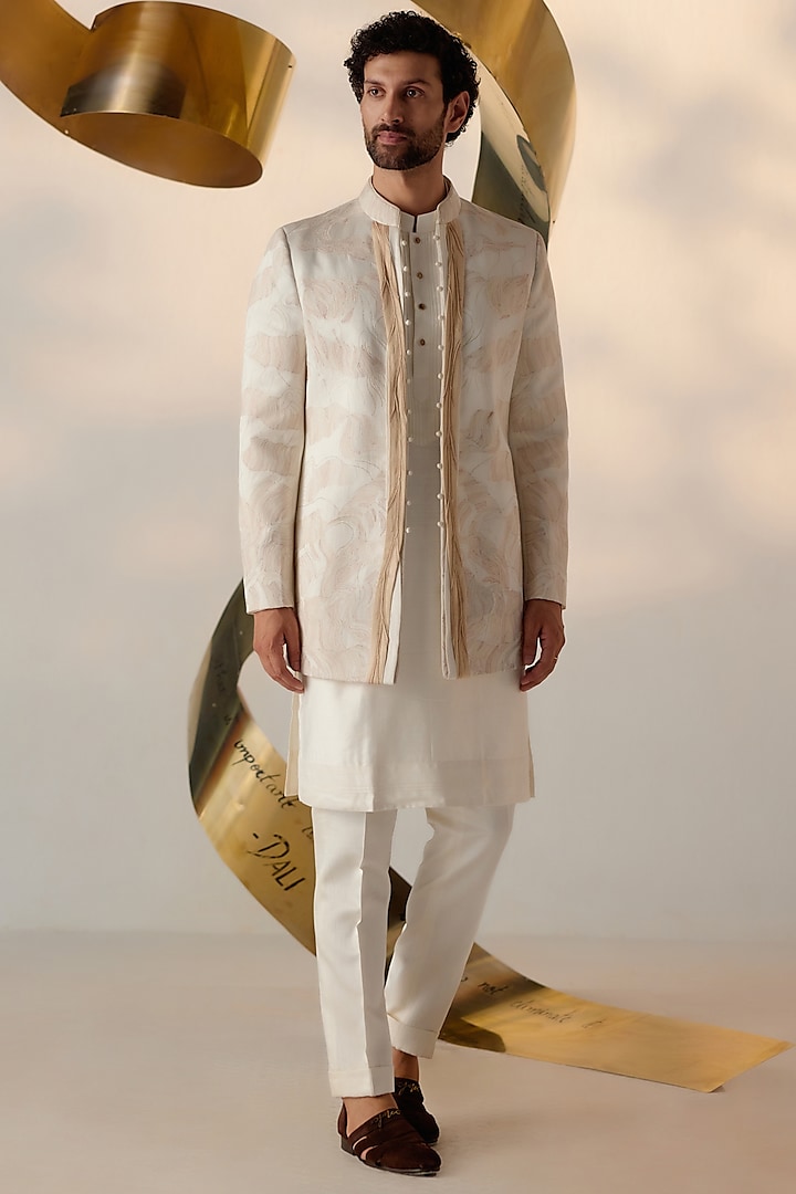 Ivory Linen Silk Embroidered Indowestern Set by Jatin Malik