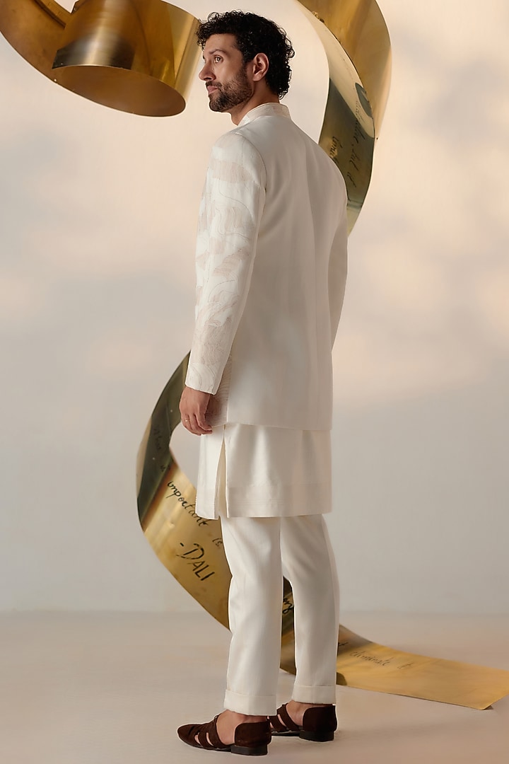 Ivory Linen Silk Embroidered Groom Indowestern Set by Jatin Malik at Pernia's Pop Up Shop