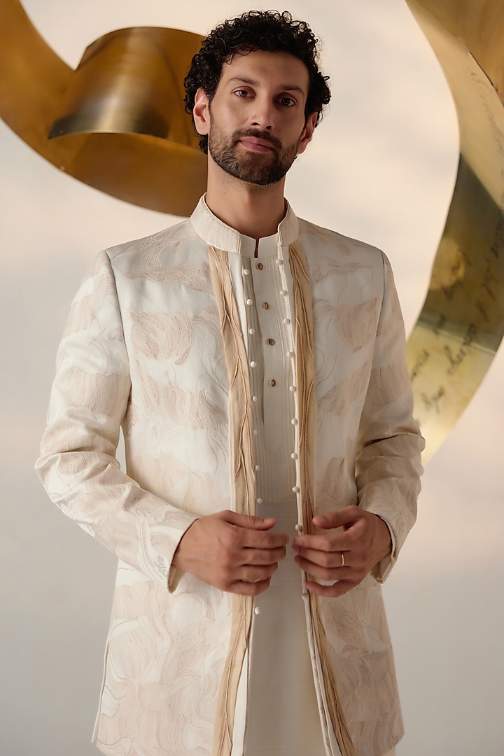 Ivory Linen Silk Embroidered Groom Indowestern Set by Jatin Malik at Pernia's Pop Up Shop