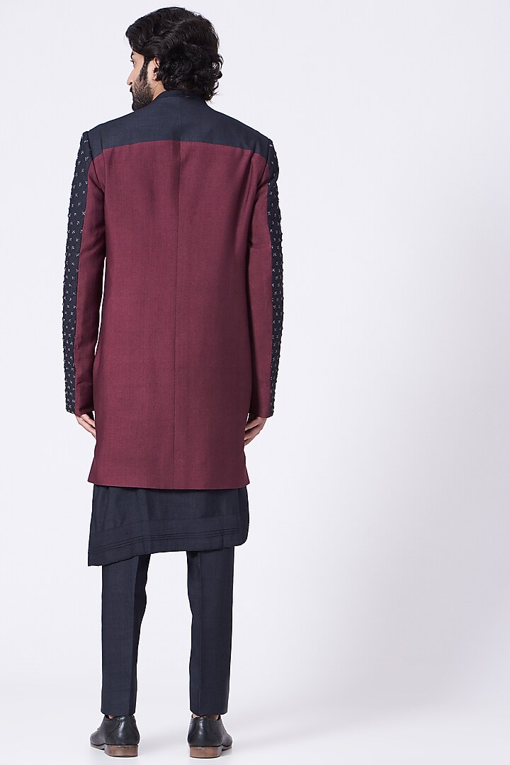 Wine & Midnight Blue Kurta Set With Jacket by Jatin Malik at Pernia's Pop Up Shop