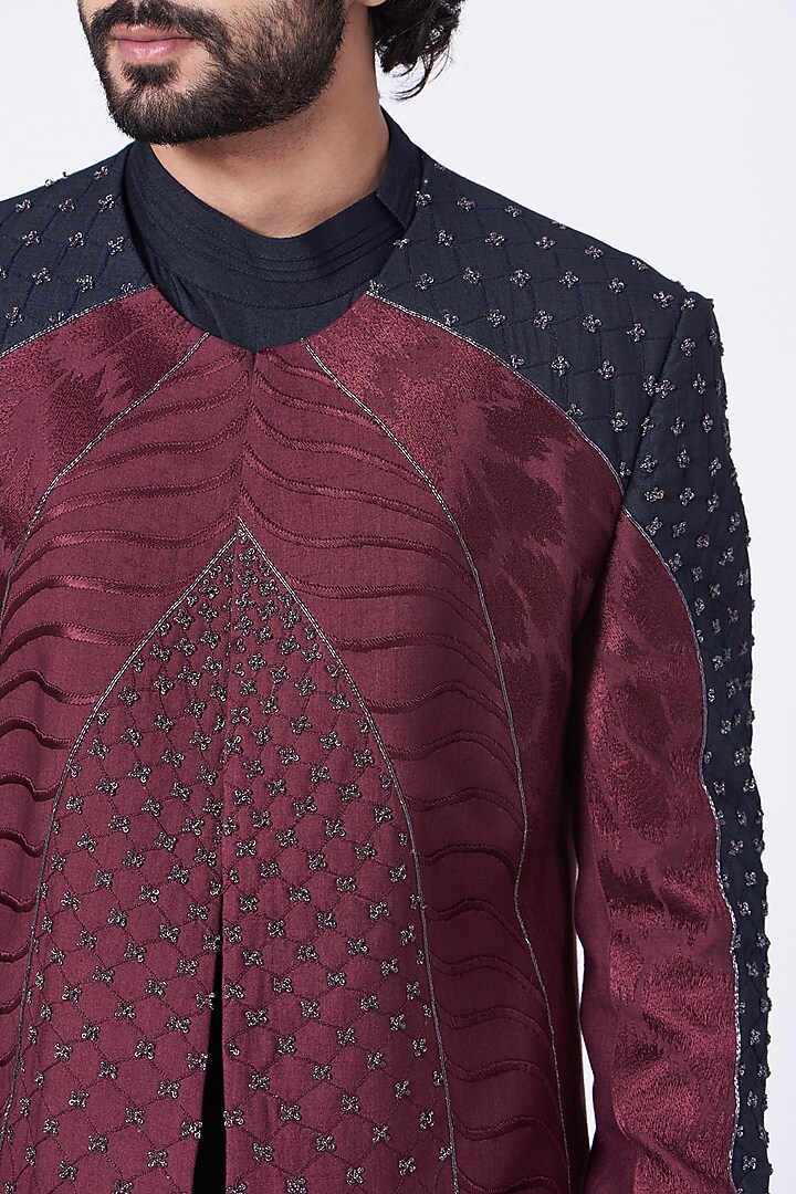 Wine & Midnight Blue Kurta Set With Jacket by Jatin Malik at Pernia's Pop Up Shop