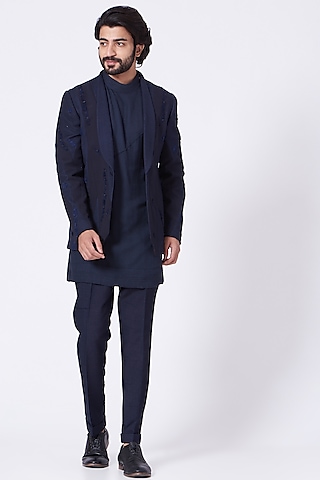 Midnight Blue Kurta Set With Short Jacket by Jatin Malik