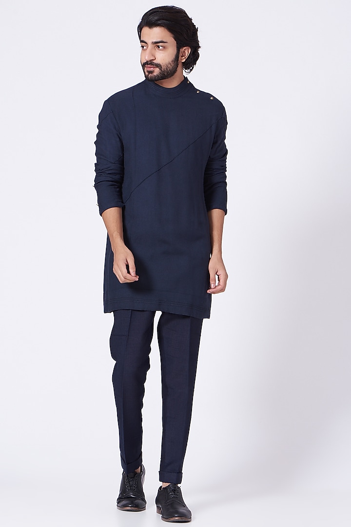 Midnight Blue Kurta Set With Short Jacket by Jatin Malik at Pernia's Pop Up Shop