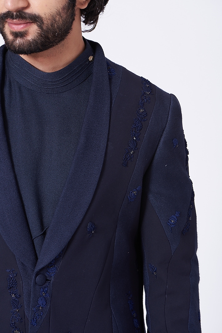 Midnight Blue Kurta Set With Short Jacket by Jatin Malik at Pernia's Pop Up Shop