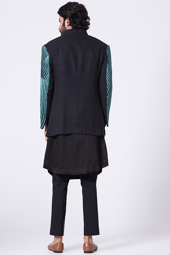 Black Kurta Set With Hand-Painted Jacket by Jatin Malik at Pernia's Pop Up Shop