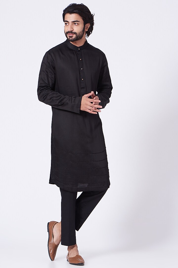 Black Kurta Set With Hand-Painted Jacket by Jatin Malik at Pernia's Pop Up Shop