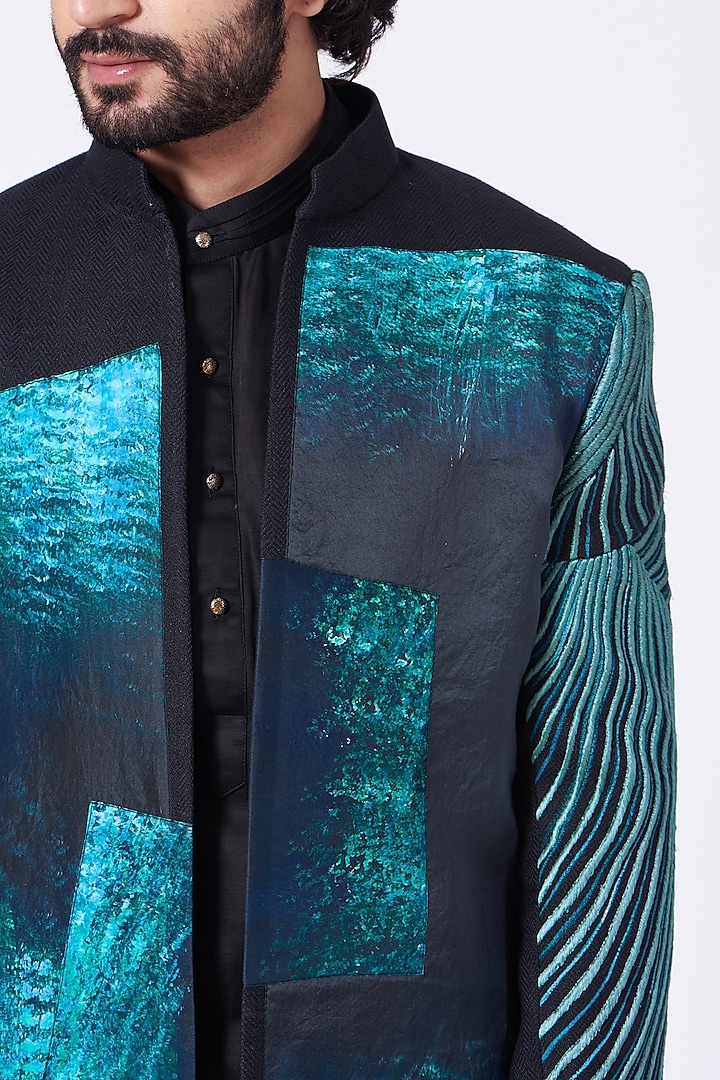 Black Kurta Set With Hand-Painted Jacket by Jatin Malik at Pernia's Pop Up Shop