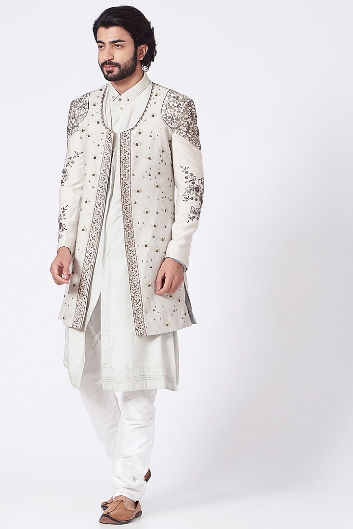 Ice Grey Kurta Set With Embroidered Jacket by Jatin Malik