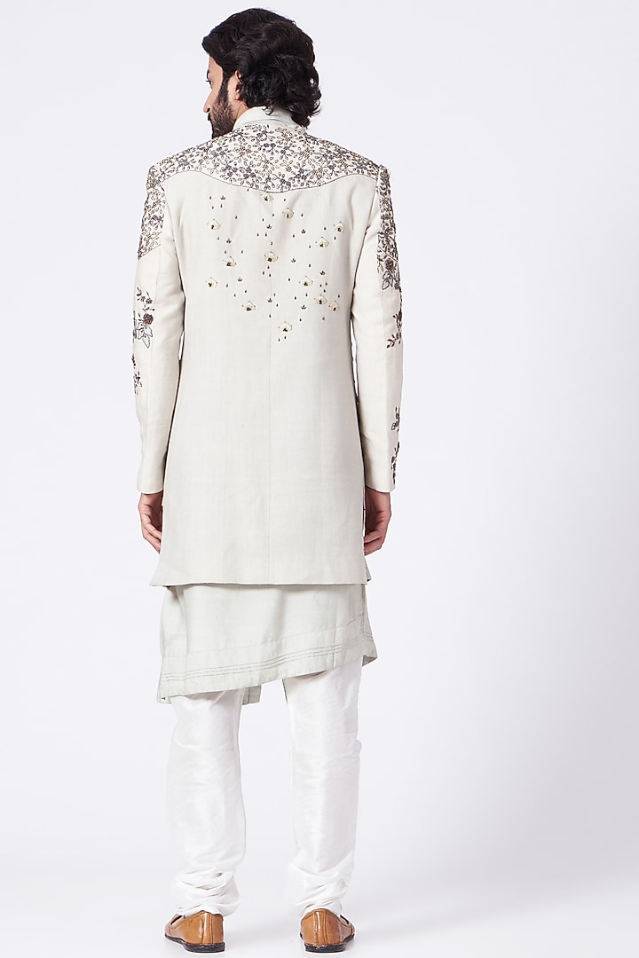 Ice Grey Kurta Set With Embroidered Jacket by Jatin Malik at Pernia's Pop Up Shop