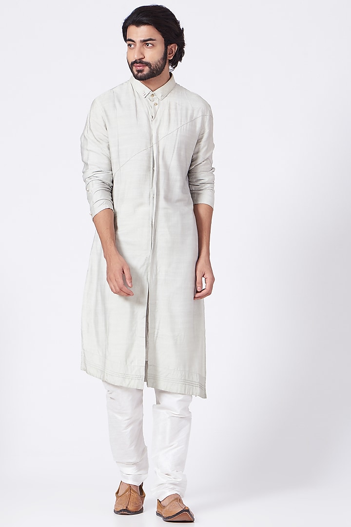 Ice Grey Kurta Set With Embroidered Jacket by Jatin Malik at Pernia's Pop Up Shop