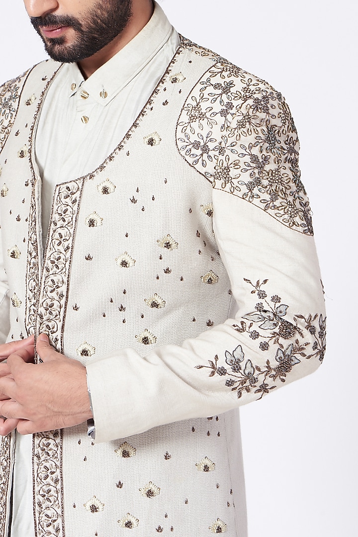 Ice Grey Kurta Set With Embroidered Jacket by Jatin Malik at Pernia's Pop Up Shop