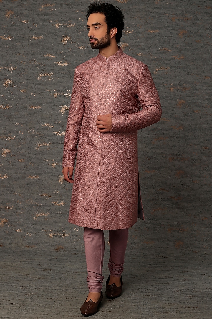 Old Rose Pink Embroidered Groom Sherwani Set by Jatin Malik at Pernia's Pop Up Shop