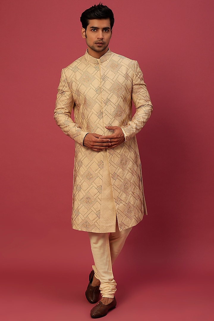 Beige Embroidered Sherwani Set by Jatin Malik