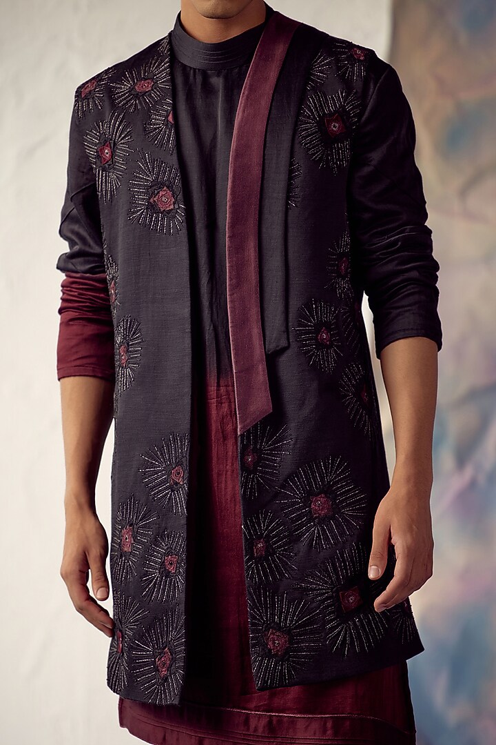 Black Hand Embroidered Groom Indowestern Set by Jatin Malik at Pernia's Pop Up Shop