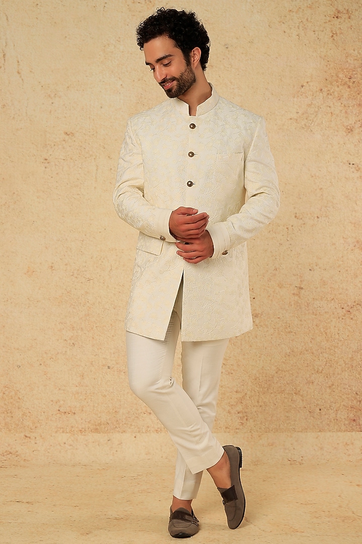 Ivory Embroidered Bandhgala Set by Jatin Malik at Pernia's Pop Up Shop