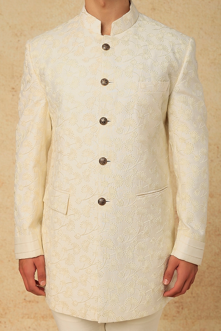 Ivory Embroidered Bandhgala Set by Jatin Malik at Pernia's Pop Up Shop
