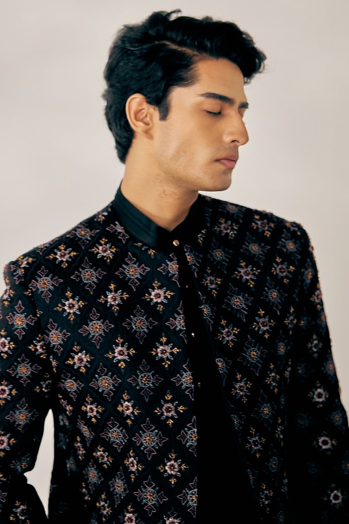 Black Embroidered Indo-Western Set by Jatin Malik at Pernia's Pop Up Shop